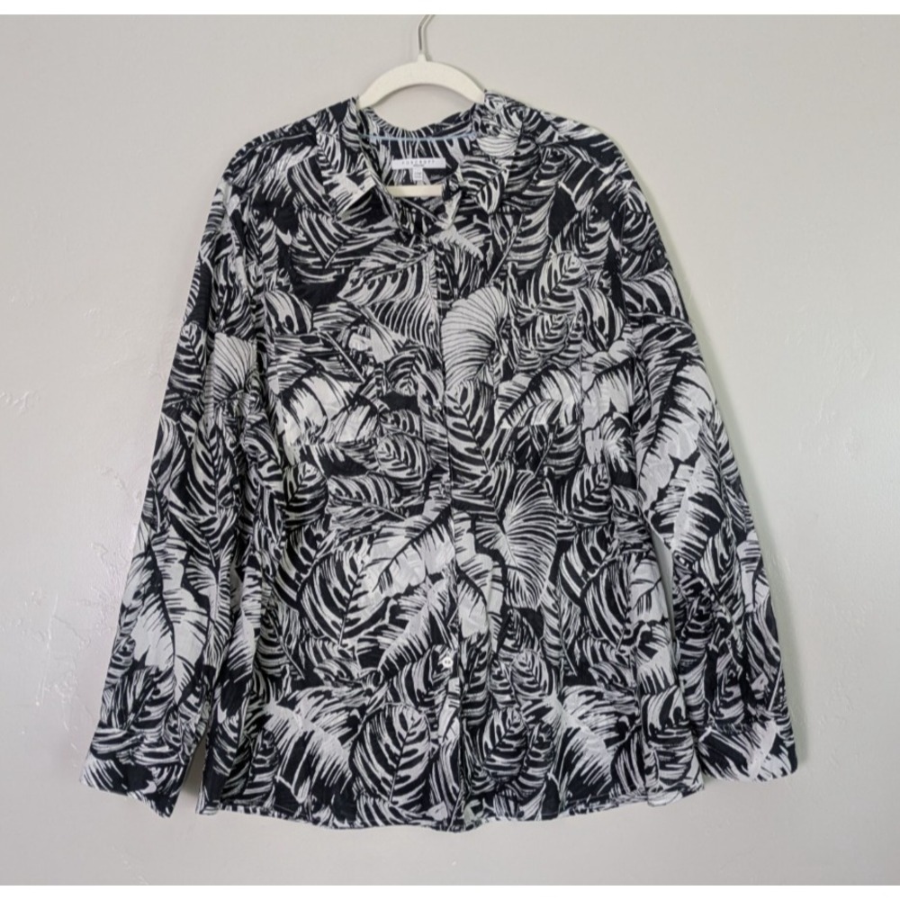 Foxcroft Leaf Print Blouse‎ 22W Black White Tropical Cotton Lightweight Top